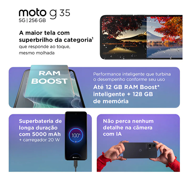 Smartphone Motorola Moto g35 5G - 128GB 12GB (4GB RAM+8GB Ram Boost) e Camera 50MP com AI NFC Tela 6.7" com Superbrilho - Verde - Vegan Leather