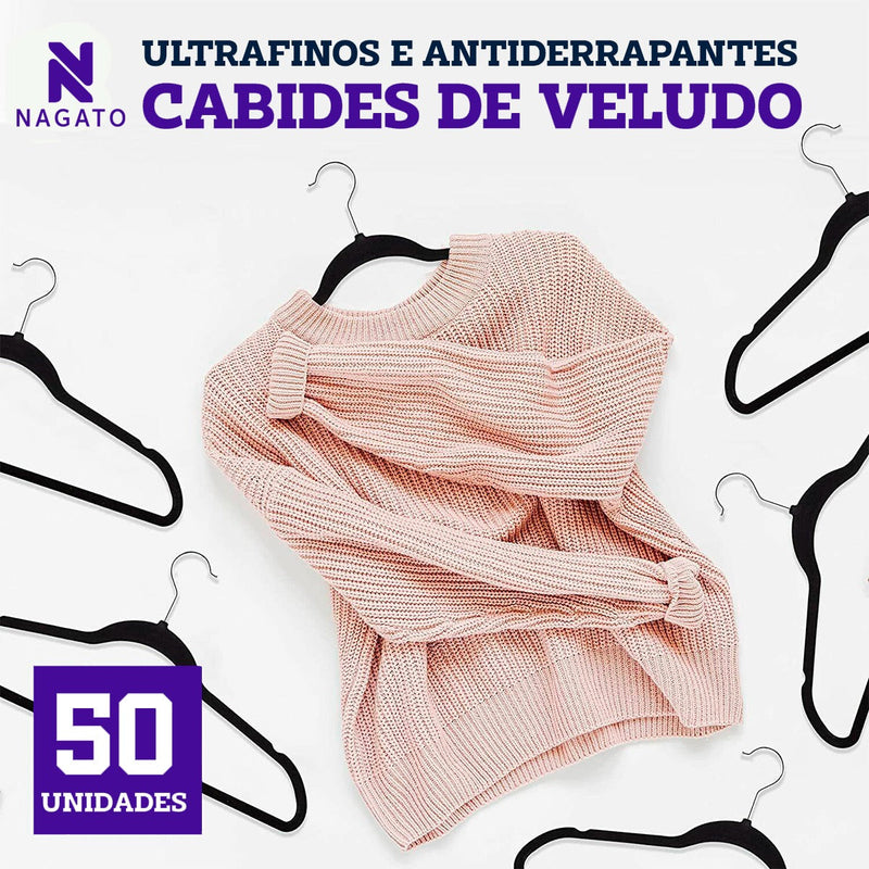 Kit 50 Cabides Veludo De Roupa Antideslizante Slim Adulto Cor Bege