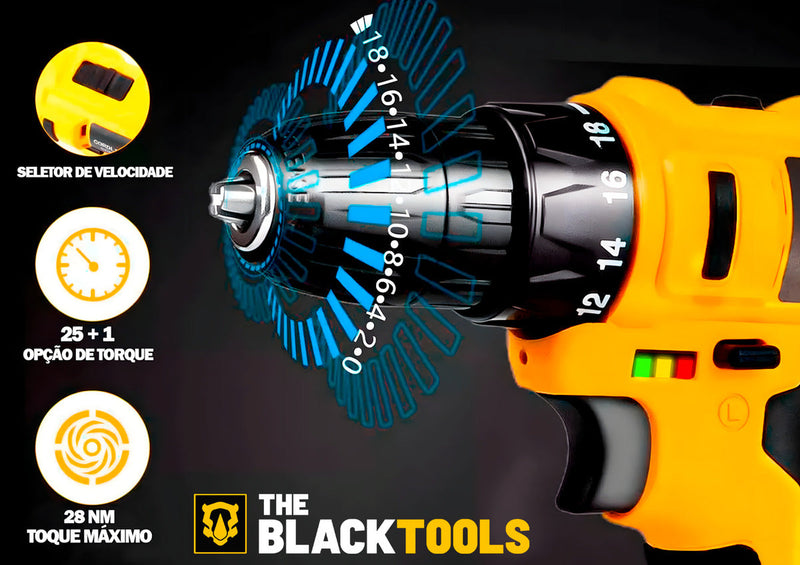 Parafusadeira E Furadeira Sem Fio Bateria 3/8 10mm Com Maleta E Acessorios The Black Tools
