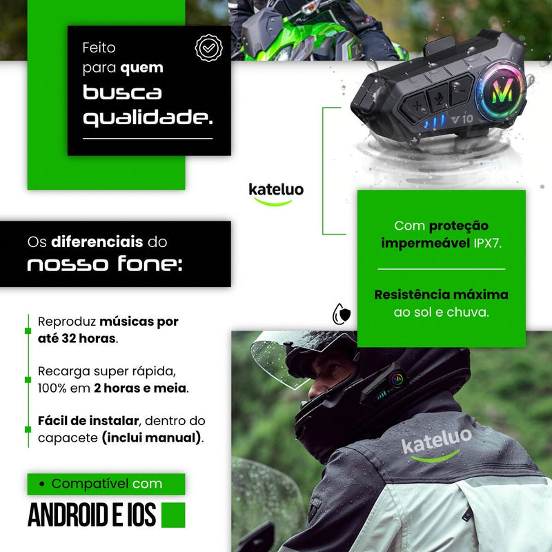 Fone De Ouvido Para Capacete Bluetooth Headset Rgb Sem Fio Kateluo