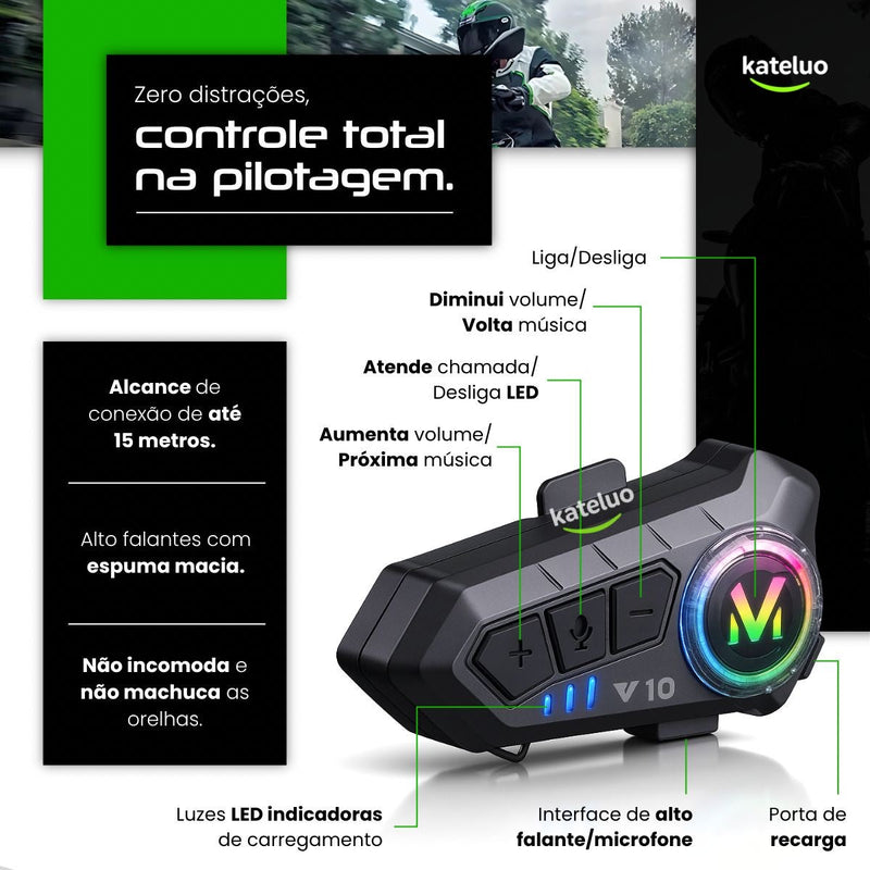 Fone De Ouvido Para Capacete Bluetooth Headset Rgb Sem Fio Kateluo