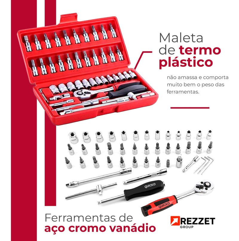 Combo Jogo Kit Ferramentas Profissional 46 Peças Chave Fenda Philips Soquete 1/4 Em Aço CRV Resistente Completo Para Manutenção Carro Moto Casa