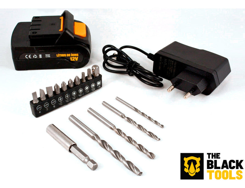 Furadeira Parafusadeira Sem Fio A Bateria Tb-12e 12v 3/8 10mm Com Maleta E Acessórios The Black Tools