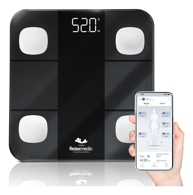 Balança Digital Corporal Bioimpedância Aplicativo Bluetooth Relaxmedic