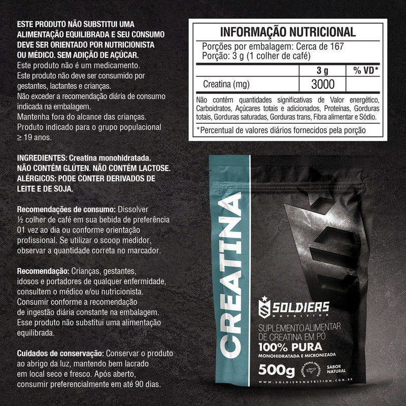 Creatina Monohidratada 500g Soldiers Nutrition 100% Pura Importada Alta Performance Músculo Treino