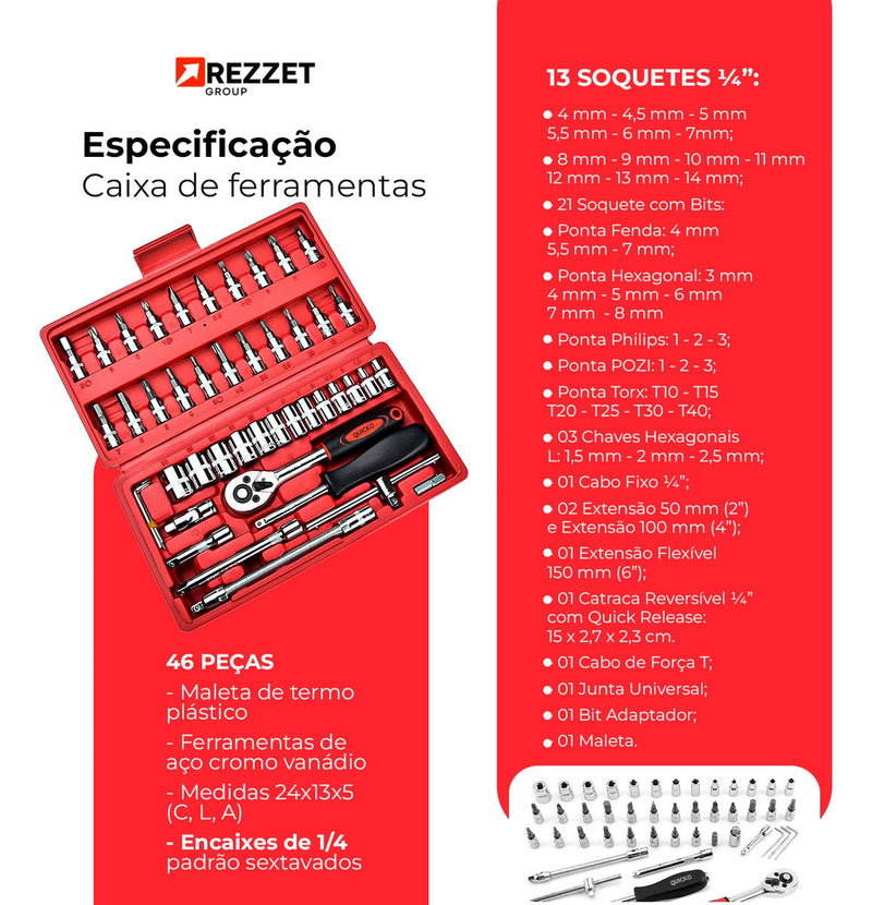Combo Jogo Kit Ferramentas Profissional 46 Peças Chave Fenda Philips Soquete 1/4 Em Aço CRV Resistente Completo Para Manutenção Carro Moto Casa
