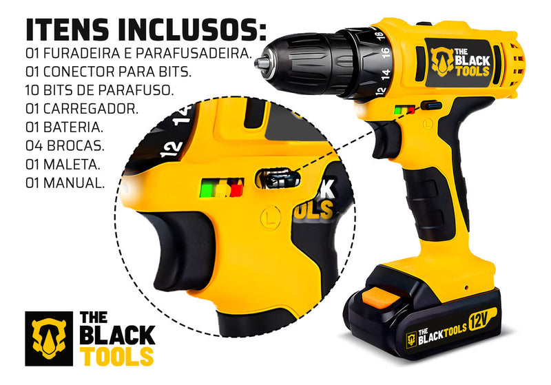 Parafusadeira E Furadeira Sem Fio Bateria 3/8 10mm Com Maleta E Acessorios The Black Tools