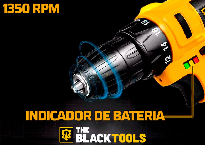 Parafusadeira E Furadeira Sem Fio Bateria 3/8 10mm Com Maleta E Acessorios The Black Tools