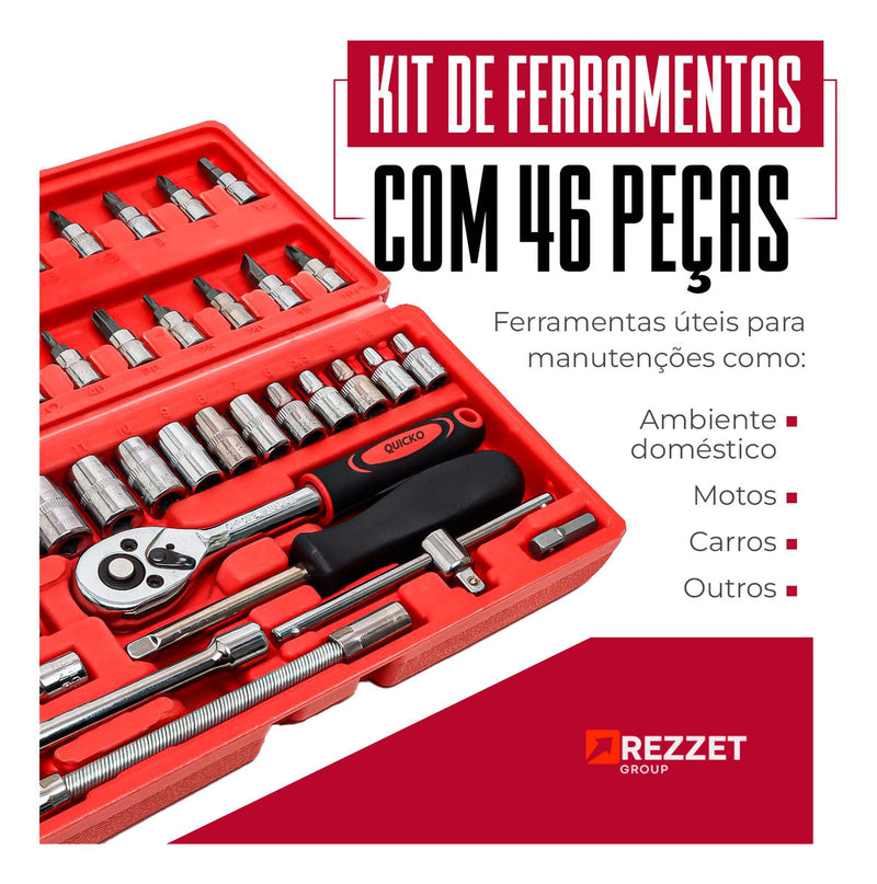 Combo Jogo Kit Ferramentas Profissional 46 Peças Chave Fenda Philips Soquete 1/4 Em Aço CRV Resistente Completo Para Manutenção Carro Moto Casa