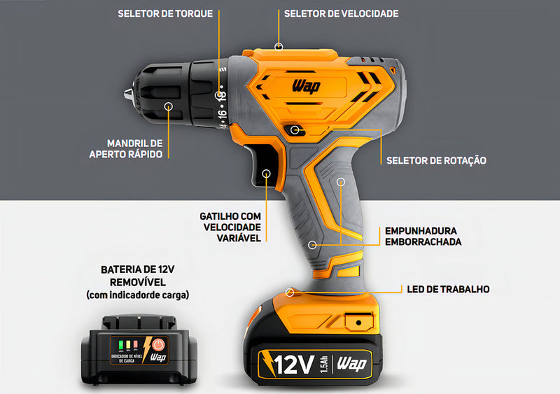 Parafusadeira E Furadeira A Bateria WAP Bpf 12k3.2 Com Maleta